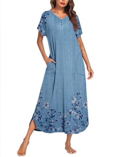 Image of Ekouaer Long Nightgown Women's Loungewear Short Sleeve Sleepwear Full Length Sleep Shirt with Pockets