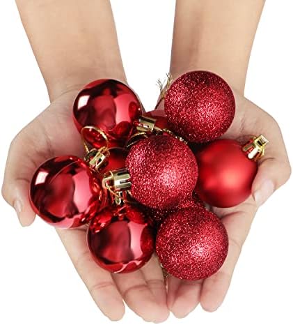 Belle Vous 48 Pack Red Christmas Baubles - 3cm/1.18 Inches Baubles - 16 each of Glitter, Gloss & Matte Finishes with String for Christmas Tree Decorations, Xmas Party Decor - Ball Hanging Ornaments