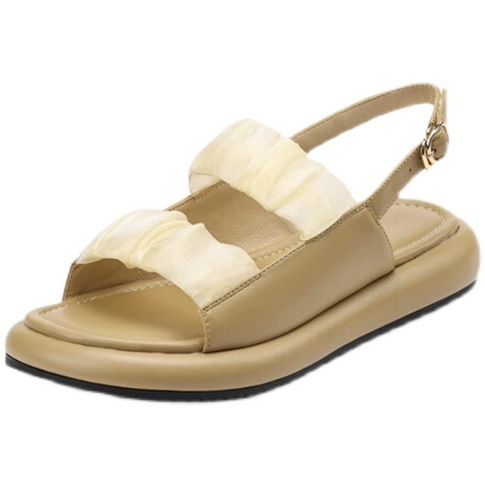 TKer Women’s Flat Sandals, Womens Comfort LightWeight Wedge Sandals Ankle Strap Ruched Flatform Sandal, Summer Casual Walking Shoes(Size:38 EU,Color:Apricot)
