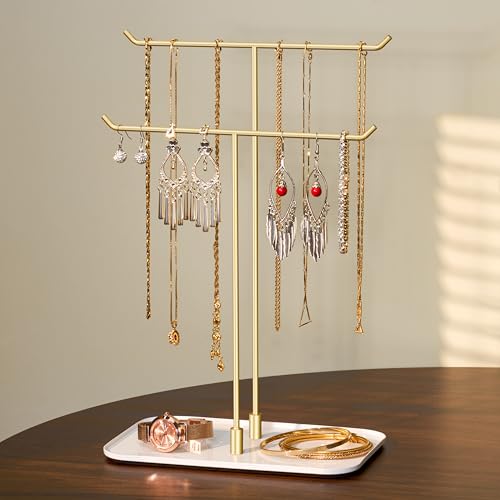 Josmimic Necklace Holder jewellery Stand Organizer for Necklaces and Bracelets Metal Display Stand Gift for Women Ideal for Home Bedroom or Vanity Gold