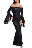 Womens Floral Lace Off Shoulder Long Sleeve Dress Black Formal Evening Wedding Guest Cocktail Party Mermaid Maxi Dresses