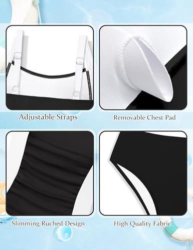 Image of Girls Tankini Swimsuit Solid Color Blocking Two Piece Bathing Suit Ruched Slimming Teen Girls' Swimwear for 9-18Years