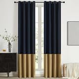 Color Block Velvet Curtains 90 inch Navy Blue Gold Luxury Elegant Modern Living Room Curtain Light Blocking Thermal Insulated Soundproof Room Darkening Energy Saving Drapes for Bedroom Set of 2