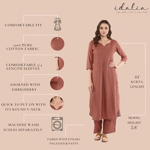 Image of idaLia Rayon Solid Straight Brown Kurta Set for Women with Palazzo 3 /4 Sleeve, Round V Neck Designer Kurta with Palazzo Pant Set