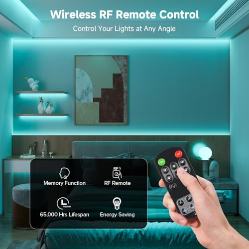 Image of BTF-LIGHTING Ice Blue Color COB LED Strip Light, UL Listed High Density Flexible Tape Light with RF Remote & ETL Power Adapter, DC24V 16.4FT Ultra Bright Light for Cabinet Kitchen Home Indoor Lighting