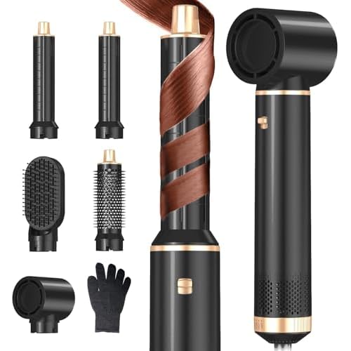 Warmluftbürste, 5 in 1 Hairstyler, Föhnbürste mit haartrockner für Frauen, Airstyler mit Föhn, Glätten,Lockenstab Automatisch Haarglätter for All Hair Types（Black） Rosa