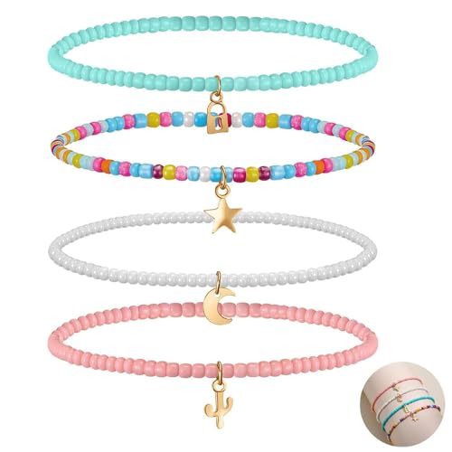 JOOTUEPO 4 Piezas Tobilleras con Cuentas en Capas Bohemias de Verano Pulsera de...