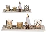 MC Trend Weißes Holz-Tablett Set Glas-Teelichthalter Teelicht Kerze Weihnachtsmann Tannenzapfen Tisch Deko Windlicht in Geschenkpackung ca. 36 x 14 cm