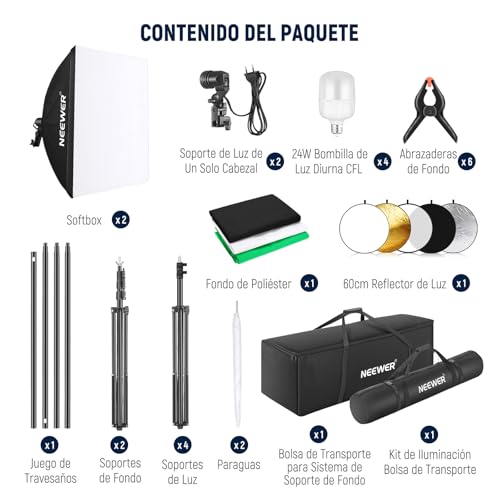 NEEWER Juego de iluminación para fotografía con Fondo, Soporte de Fondo de 8,5 x 10 pies, 5700 K, 800 W, Equivalente a 24 W, Pantalla LED, luz Continua, Reflector de luz de 60 cm, Equipo de Estudio - imagen 9