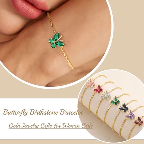 Image of Butterfly Birthstone Bracelets for Women Teen Gifts 14K Gold Plated Butterfly Oval 1-12 Birthstone Bracelet Jewelry Christmas Valentines Day Birthday Gifts for Teens