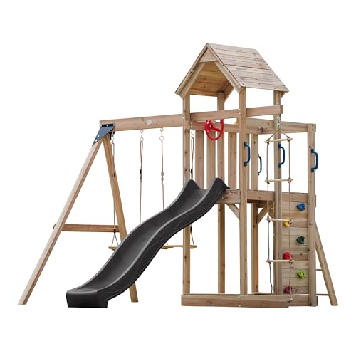 AXI Moos Spielturm aus Holz mit 2 Schaukeln & Strickleiter | XXL Spielhaus / Spielplatz für Kinder mit Kletterwand, Sandkasten & Rutsche , grau | Schaukelgerüst für den Garten..