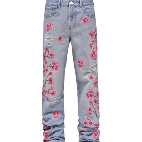 Men's Ripped Bootcut Jeans Floral Embroidery Slim Fit Bell Bottom Destroyed Flare Pants Skinny Stacked Trousers4