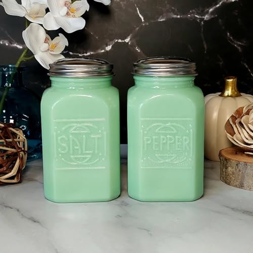 Jadeite Green Glass Salt & Pepper Shaker Set, LRG - Depression Style, Vintage Milk Glass, Retro Farmhouse Kitchen, Jade Jar