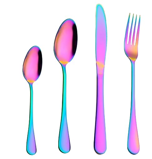 YSAMAX Stainless Steel Flatware Cutlery Set, Safe and Durable Material, Elegant Looking, Classic & Multi-Purpose Use, Décor for Counter Top, Home Kitchen Restaurant, Rainbow, 16PCS