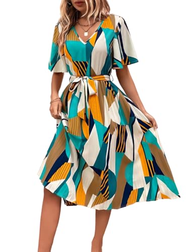 Kzully | Women A-Line Dress With Pleats, Has An V-Neck, Printed Top Comes With A Belt Yellow