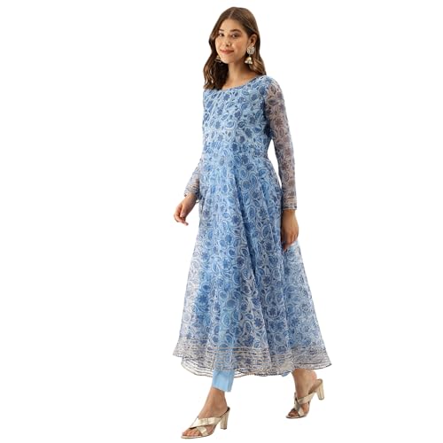 Image of Divena Blue Floral Print Organza Anarkali Kurta set with Dupatta