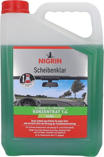 NIGRIN Scheibenklar Konzentrat 1:4 Apfel | 3 Liter | Reinigungszusatz für Autoscheiben und Scheinwerfer | integrierte Ausgießhilfe | entfernt Insekten Fett | schlierenfrei | sehr ergiebig | ab 5C