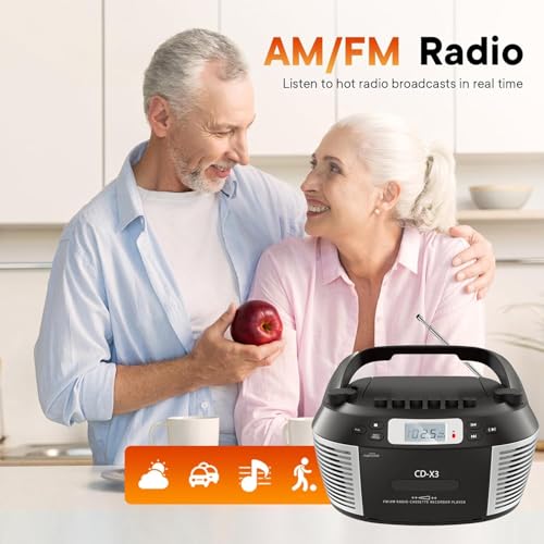 Lettore CD portatile con Bluetooth 5.0, radio AM/FM, cassetta a nastro, riproduzione USB, registratore, telecomando e jack per auricolari, alimentazione a batteria CA/per casa e viaggio