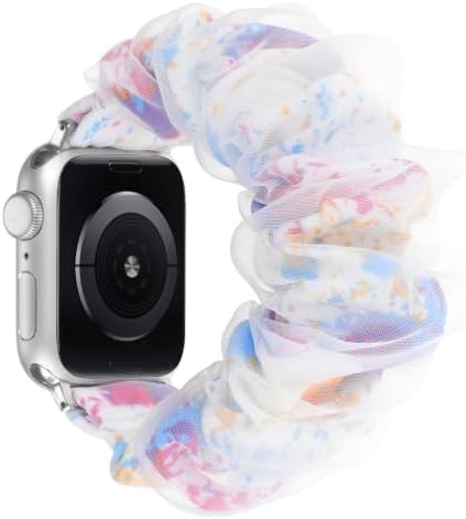 Stretchy Fabric Watch Band Compatible with Apple Watch 38-49mm Women,Elastic Scrunchies Bands Cloth with Organza Wristband for iWatch Series 11-1 SE/Ultra 3-1 (Colorful Tie-Dye, 38MM) — view 4