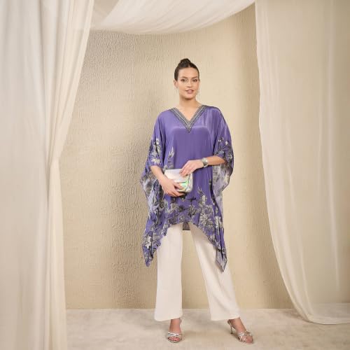 Image of First Resort Light Purple Embellished Floral Kaftan Top