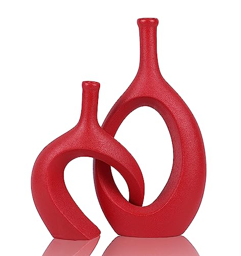 WUBIANJIE Ensemble de vases en céramique rouge – Décoration bohème moderne – Design confortable – Vases pour salon, chambre à coucher, table basse, cheminée