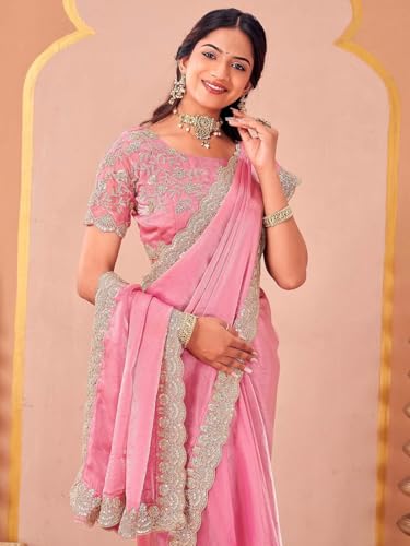 Image of SIRIL Women's Tissue Silk Sequins Embroidery Saree with Unstitched Blouse Piece