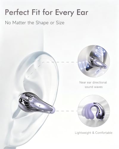 Image of Upgraded Clip-on Ear Earbuds, Bluetooth 6.1 Wireless Open Ear Headphones, Comfortable Fit with Crystal Clear Sound, 50-Hour Battery Life, Open-Ear Wireless Headphones for Gym & Outdoor Sports,Purple