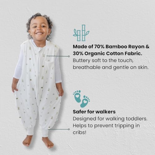 Image of Tealbee Dreamsuit Toddler Sleep Sack with Feet - Walker Sleep Bag with Legs, Rayon made from Bamboo, Summer 0.8 TOG, 2-Way Zipper, 2T-3T - Cactus