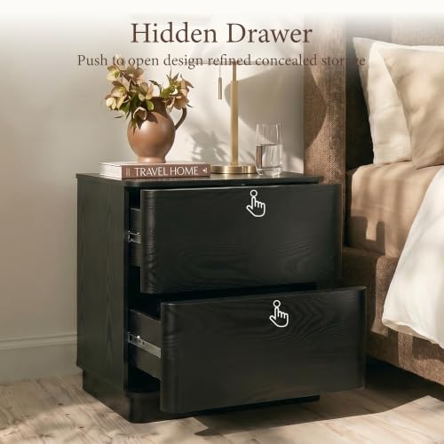 Image of Yechen Night Stand with 2 Push to Open Hidden Drawers Storage | 22'' Round Edges Bedside Table, Wooden Modern End Table, Mid Century Bedside Tbale for Bedroom, Curved Profile, Black