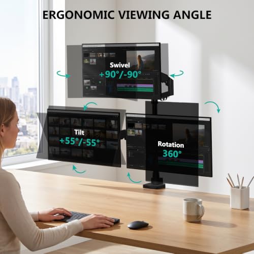 Image of WALI Stacked Triple Monitor Mount for 49 inch UItrawides and Dual 34 inch Monitors | Heavy Duty 3 Monitor Arm up to 33 lbs, Full Motion with Tilt, Swivel, Rotation, C-Clamp & Grommet Base, VESA 75 /100mm, Black
