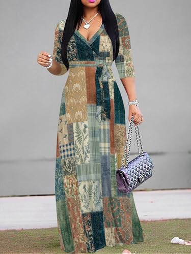 Image of Women's Plus Size Maxi Dresses Long Sleeves V Neck Floral Print Bohemian Swing Long Dress with Belt