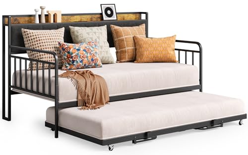 Gizoon Daybed with Trundle, Twin Bed Frame with Upholstered Headboard and Charging Station, Sturdy Metal Sofa Bed with Steel Slat Support for Living Room, Bedroom and Guest Room, Grey