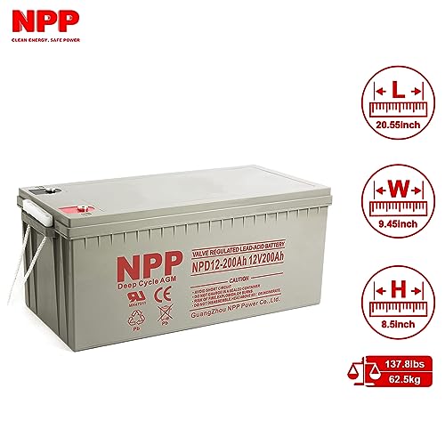 NPP NPD12-200Ah Deep Cycle AGM Rechargeable 12V 200Ah Battery with T16 Terminals, Safe Charge for Most Home Appliances, RV, Camping, Cabin, Marine and Off-Grid System