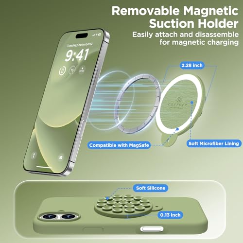 Image of Magnetic for iPhone 16 Case, Compatible with Magsafe, Suction Cup Phone Mount, [2 Screen Protectors][Camera Lens Protector] Silicone Shockproof Protective Slim Phone Cover 6.1 inch, Tea Green