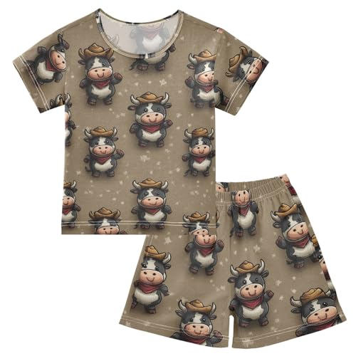 Pajama Short Sets Cow Pattern with Hats Soft Cotton Summer Sleepwear 2 Piece PJS Size 5-14T
