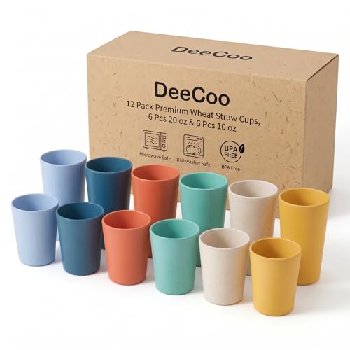 12 Pack Premium Wheat Straw Cups 6 Pcs 20 oz & 6 Pcs 10 oz Unbreakable Drinking Cups Alternative to Plastic Cups Sets Reusable Water Glasses Tumbler Microwave & Dishwasher Safe Bpa Free 6 Colors