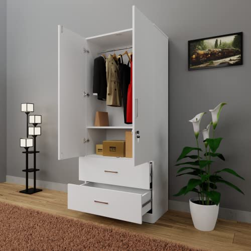 Image of VIKI Wardrobe | Wooden Almirah for Clothes,Door for Bedroom, 2 Door Wardrobe with Drawer & Hanging Space (Frosty White - 40D x 80W x 180H) | 1 Year Warranty | Free Assembly
