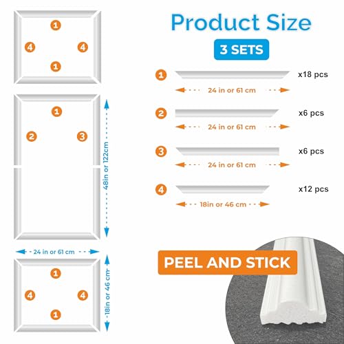 Birdeco Selbstklebendes, montagefertiges Wandverkleidungskit, vorgeschnittene Wandverkleidungsrahmen, Wandverkleidungskit - 3 obere, 3 mittlere und 3 untere Rahmen