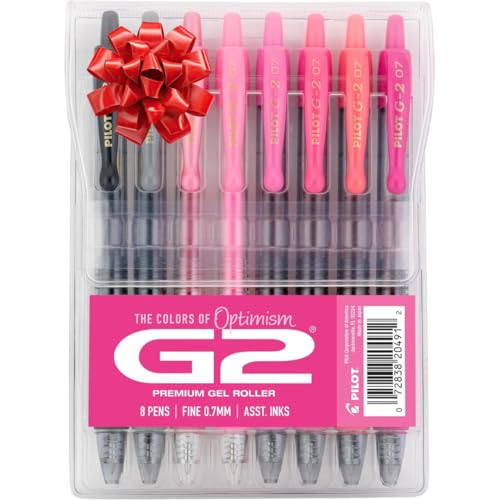 Pilot G2 Premium Gel Roller Pens, Fine Point Gel Pens, Boost Pink Pack, The Colors of Optimism, 8-Pack Pouch, 0.7 mm, Assorted - Ideal for School, Journaling, & Office Writing