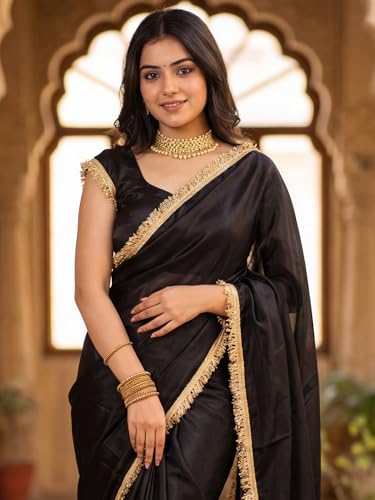 Image of AKHILAM Women's Shimmer Net Solid Saree With Unstitched Blouse Piece