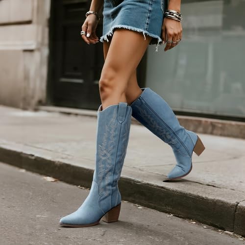 DREAM PAIRS Womens Cowboy Boots Wide Calf Comfortable Pull On Zipper Chunky Heel Pointed Toe Embroidered Western Cowgirl Knee High Boots Ladies Retro Tall Boot,Size 7.5,Denim Blue,SDKB224W