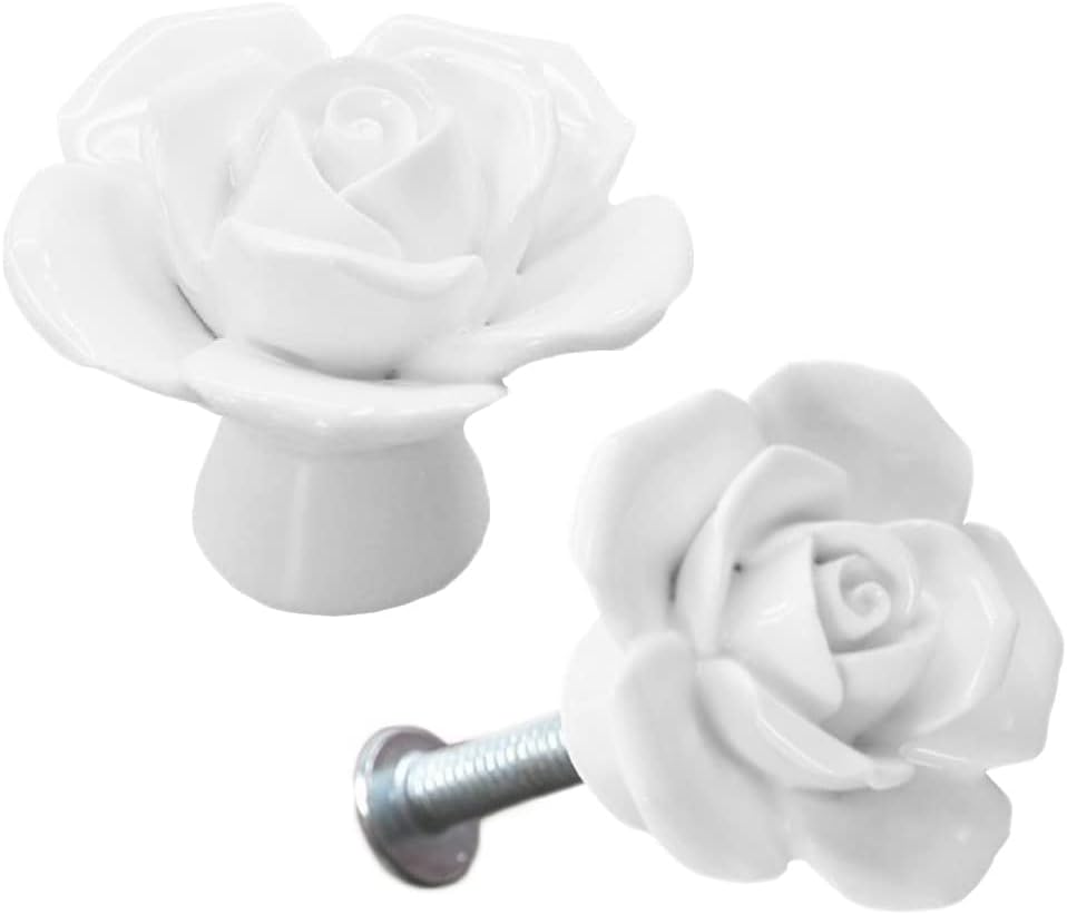 12-Pack Rose Ceramic Knobs, Rose Flower Ceramic Vintage Pulls Kitchen Cabinet Dressing Table Dresser Handles with 3 Size Screws for Girl's Room Dresser Cupboard Wardrobe (12, White)