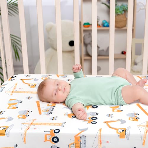 Image of JISEN Baby Fitted Crib Sheets for Boys Girls 52x28 Inch Construction Trucks