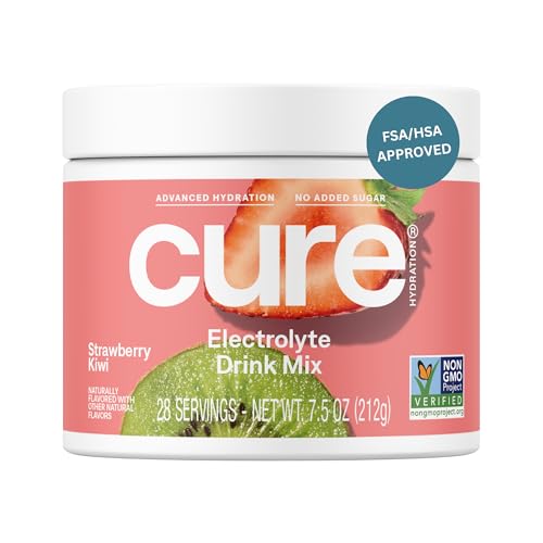 Cure Hydration | Plant-Based Electrolyte Drink Mix | No Added Sugar | FSA-HSA | Dehydration Relief Powder Made with Coconut Water | Non-GMO | Vegan | 28 Servings Jar - Strawberry Kiwi