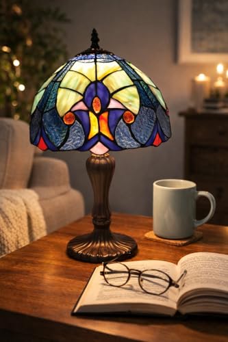 Image of Stained Glass Table Lamp, Blue Green with Antique Bronze Base, Decorative Bedside & Living Room Lamp (Free Bulb) (Design - 5) Free Bulb- 3 Color Options- Warm White, Cool White and Natural