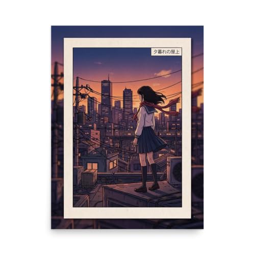 Anime Girl Cityscape Poster Sunset Urban Wall Art - Japanese Style Rooftop Skyline Print - Modern Aesthetic Bedroom Decor for Teens Room Office - 18x24 Inch Matte Finish