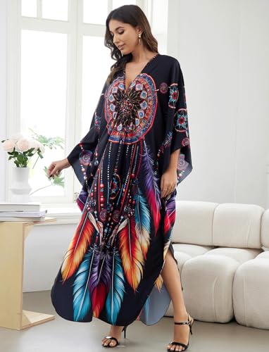 Image of KECVOT Kaftan Dresses for Women Plus Size Batwing Sleeve Caftans Long Bathing Suit Cover Up Maxi Beach Dress Loungewear