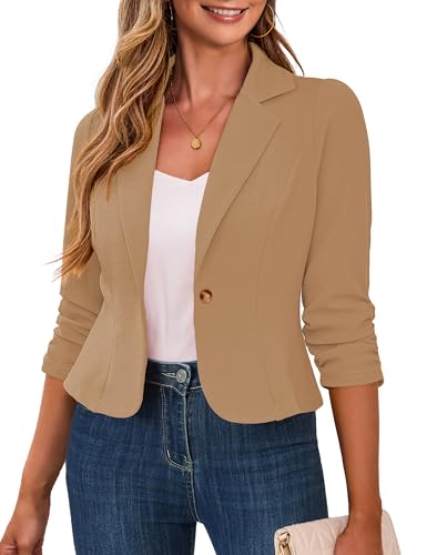Traleubie Women's Cropped Blazers 3/4 Ruched Sleeve Lightweight Office Wear Short Blazer with Button, S-XL