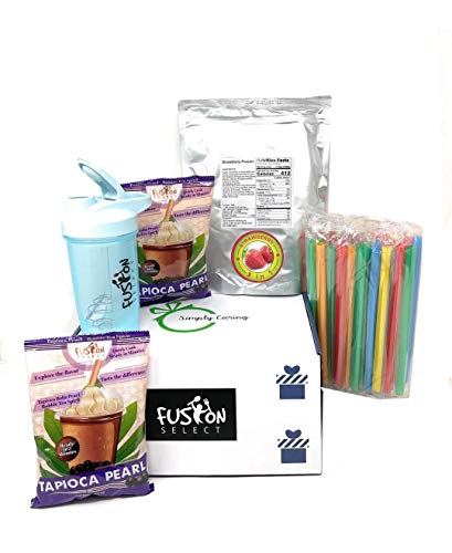 Fusion Select DIY Bubble Tea Kit Flavored Bubble Tea Drink, XL Boba Straws, Shaker Bottle, 2 Packs of Quick Cook Tapioca Pearl, 2.2lb Bubble Tea, Authentic Bubble Tea from Taiwan Asmr Food(Strawberry)