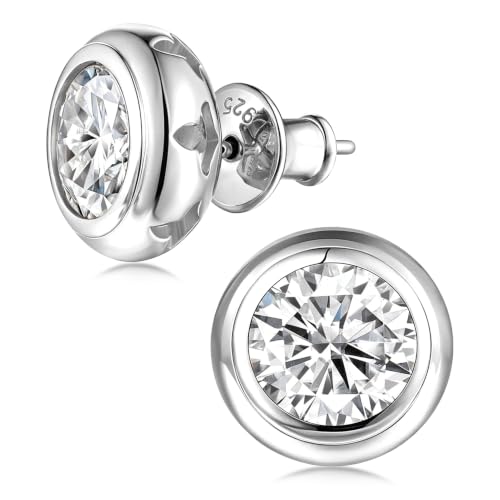 Moissanite Bezel Comfy Earrings for Women Sparkly Sterling Silver Diamond Round Solitaire Stud Earrings
